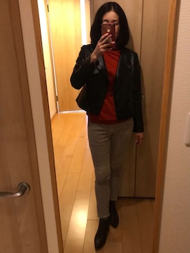 「PLST（プラステ）のアイテム（ライダースジャケット）」を使った、HRMNGさん（レディース・164cm）の春コーディネート