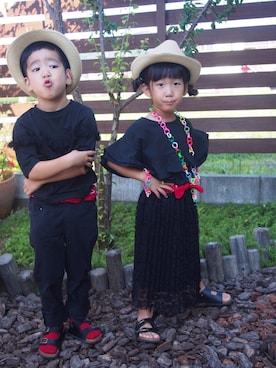 「西松屋（ニシマツヤ）のアイテム（ソックス/靴下、レッド系）」を使った、kotofukuさん（キッズ・110cm）の夏コーディネート