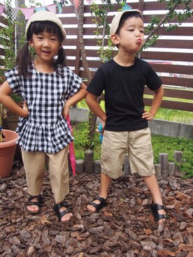 「GLOBAL WORK（グローバルワーク）の【キッズ】ビーチパジャマウエストリボンワイドパンツ/744816（その他パンツ、ベージュ系）」を使った、kotofukuさん（キッズ・110cm）の夏コーディネート