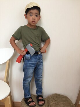 「GLOBAL WORK（グローバルワーク）の【キッズ】ＧＩロングベルト/757486（ベルト、ブラック系）」を使った、kotofukuさん（キッズ・110cm）の夏コーディネート