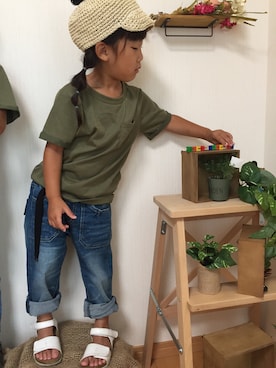 「GLOBAL WORK（グローバルワーク）のキッズ【吸水速乾】ベーシックＴ半袖/709002（Tシャツ/カットソー、グリーン系）」を使った、kotofukuさん（キッズ・110cm）の夏コーディネート