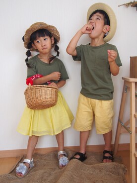 「GLOBAL WORK（グローバルワーク）のキッズ【吸水速乾】ベーシックＴ半袖/709002（Tシャツ/カットソー、グリーン系）」を使った、kotofukuさん（キッズ・110cm）の夏コーディネート