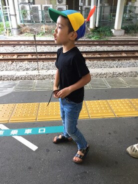 「西松屋（ニシマツヤ）のアイテム（Tシャツ/カットソー、ブラック系）」を使った、kotofukuさん（キッズ・110cm）の夏コーディネート