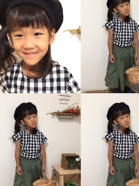 「petit main（プティマイン）のアイテム（シャツ/ブラウス、ブラック系）」を使った、kotofukuさん（キッズ・110cm）の夏コーディネート