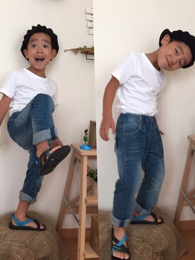 「RUGGEDWORKS（ラゲッドワークス）のカラーデニムロングパンツ 【110～140㎝】（デニムパンツ、ブルー系）」を使った、kotofukuさん（キッズ・110cm）の夏コーディネート