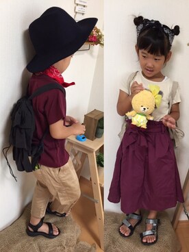 「3coins（3coins）のアイテム（バックパック/リュック、ブラック系）」を使った、kotofukuさん（キッズ・110cm）の夏コーディネート