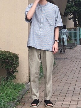 「MHL.（エムエイチエル）の【別注】 ＜MHL.＞ UNIFORM PULLOVER SHIRT/シャツ ◆（シャツ/ブラウス、ブルー系）」を使った、アクアくんさん（メンズ・176cm）の夏コーディネート