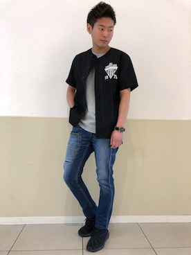 「TYPE BLUE（タイプブルー）のアイテム（パンツ）」を使った、大山凌さん（メンズ・174cm）の春コーディネート