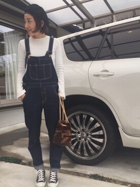 「フレアスリーブ」｜「アイテム（つなぎ/オールインワン）」を使った、7co☺︎さん（レディース・157cm）の冬コーディネート