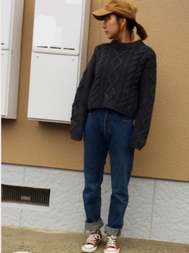 「コーデュロイキャップ」｜「アイテム（アナログ腕時計）」を使った、7co☺︎さん（レディース・157cm）の冬コーディネート