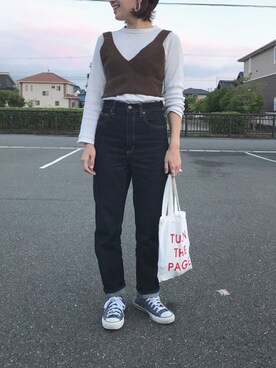 「アイテム（トートバッグ、レッド系）」を使った、7co☺︎さん（レディース・157cm）の春コーディネート