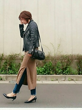 「stradivarius（ストラディバリウス）のアイテム（ライダースジャケット）」を使った、98mayuさん（レディース・157cm）の春コーディネート