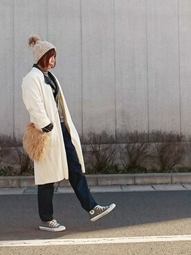 「stradivarius（ストラディバリウス）のアイテム（ライダースジャケット）」を使った、98mayuさん（レディース・157cm）の冬コーディネート