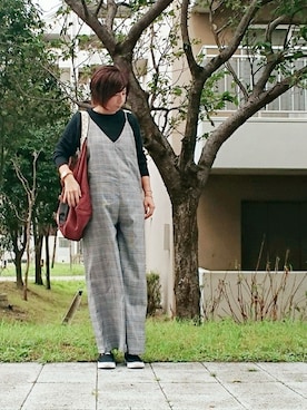「ご近所コーデ」｜「アイテム（オールインワン・サロペット）」を使った、98mayuさん（レディース・157cm）の秋コーディネート