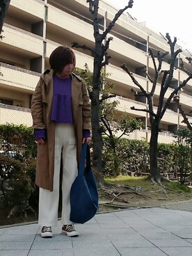 「GU（ジーユー）のリブワイドパンツ（その他パンツ、ホワイト系）」を使った、98mayuさん（レディース・157cm）の春コーディネート