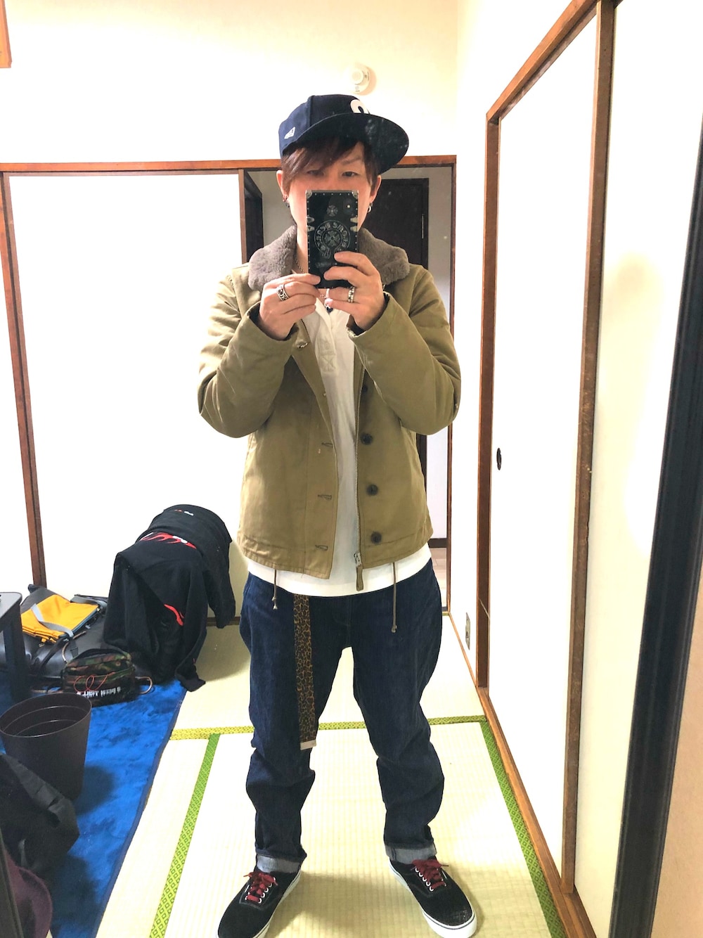 「ストリート服が好き、今日のコーデ、お洒落さんとつながりたい、秋冬、ワイドパンツ、ミリタリー、大人カジュアル、東北ライブハウス大作戦、大人コーデ、ジョンブル　プライベート　ラボ(Johnbull Private labo)」｜「Johnbull Private laboのアイテム（キャップ、ブルー系）」を使った、アリマ サトシさん（メンズ・168cm）の秋コーディネートの1枚目の写真
