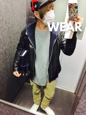 「ワッフル」｜「アイテム（ライダースジャケット）」を使った、tbkさん（メンズ・162cm）の冬コーディネート