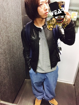 「ワッフル」｜「アイテム（ライダースジャケット）」を使った、tbkさん（メンズ・162cm）の秋コーディネート