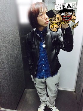 「スウエットパンツ」｜「アイテム（ライダースジャケット）」を使った、tbkさん（メンズ・162cm）の秋コーディネート