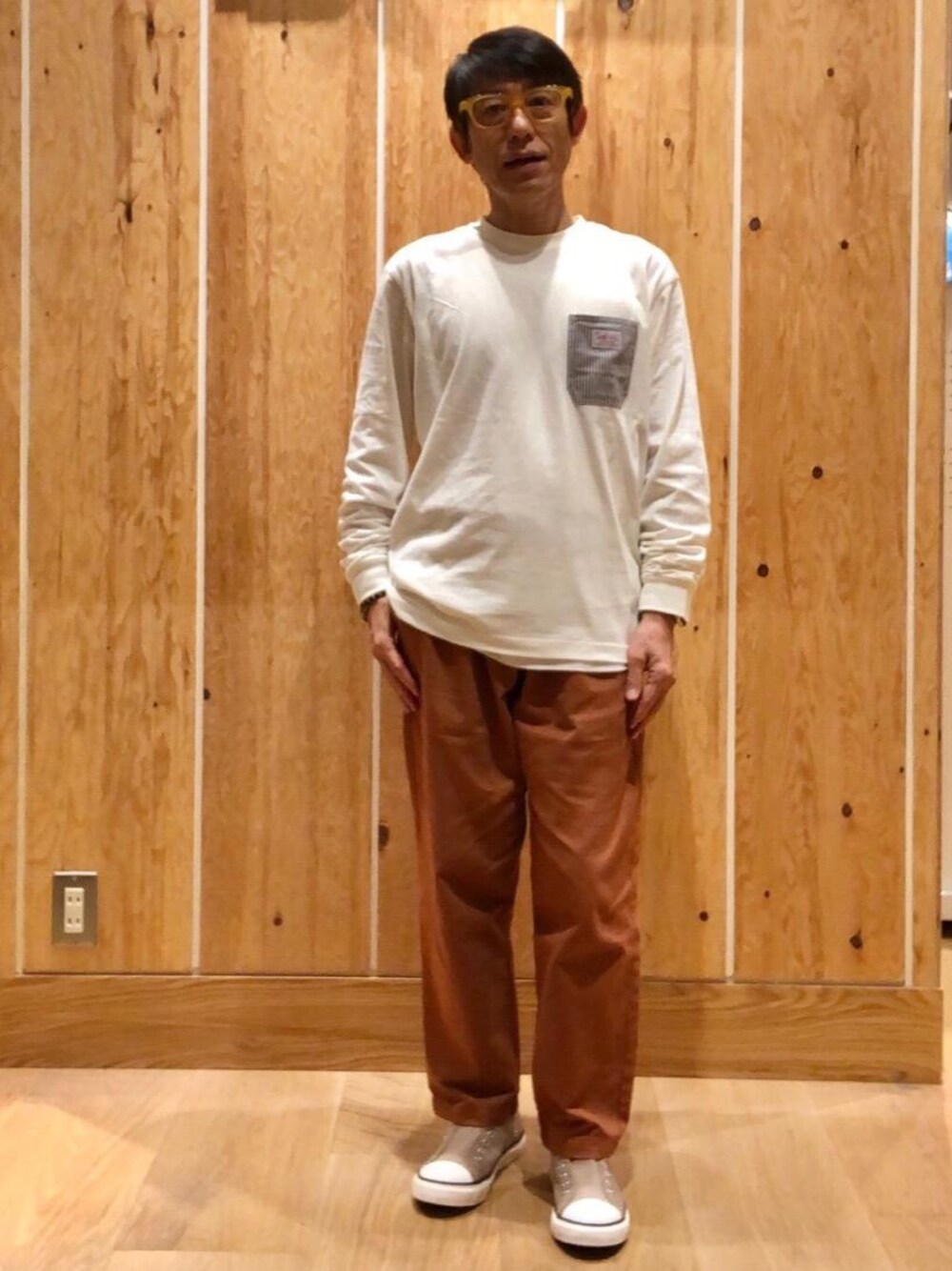 「ビッグシルエット、coen、楽チンコーデ、コーエン、低身長コーデ、ポケットT、シェフパンツ、smith's、細身体型、女性にもオススメ！MENSパンツ」｜「coenの【女性にもオススメ】シェフパンツ"CHEF PANTS"(一部WEB限定カラー)(イージーパンツ/バルーンパンツ/チェック/ストライプ)#（その他パンツ、ブラウン系）」を使った、よしおさんさん（メンズ・162cm）の夏コーディネートの1枚目の写真