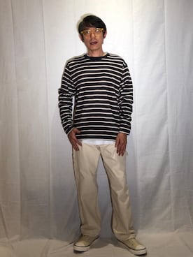 「ペインターパンツ」｜「アイテム（スリッポン）」を使った、よしおさんさん（メンズ・162cm）の秋コーディネート