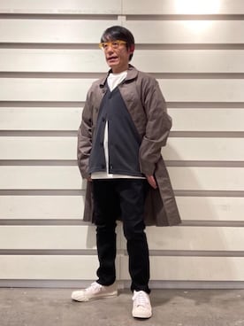 「coen」｜「アイテム（ステンカラーコート）」を使った、よしおさんさん（メンズ・162cm）の春コーディネート