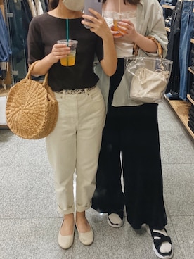 「Edit Sheen（エディットシーン）のサークル型かごバッグ（かごバッグ、ベージュ系）」を使った、しばさん（レディース）の秋コーディネート