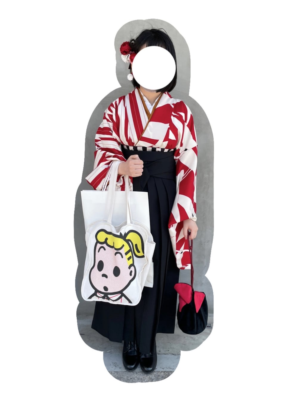 「袴、卒業式、オサムグッズ、モダン、大正浪漫、ふりふ」｜「ふりふのアイテム（水着/着物・浴衣、レッド系）」を使った、まあいいやさん（レディース・153cm）の春コーディネートの1枚目の写真