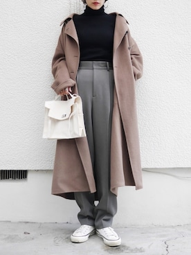 「ハイウエストパンツ」｜「アイテム（チェスターコート）」を使った、金子三記(miki)さん（レディース・170cm）の冬コーディネート