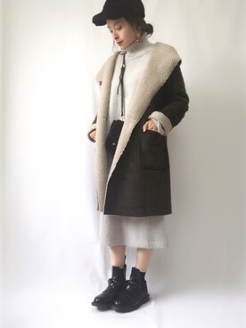 「Another Edition（アナザーエディション）のアイテム（ムートンコート）」を使った、emineoさん（レディース・151cm）の秋コーディネート
