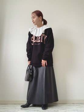 「ISOOK（アイスー）のアイテム（スカート）」を使った、emineoさん（レディース・151cm）の冬コーディネート