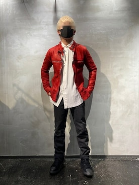 「アイテム（ライダースジャケット、レッド系）」を使った、utaさん（メンズ・168cm）の冬コーディネート