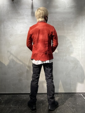 「アイテム（ライダースジャケット、レッド系）」を使った、utaさん（メンズ・168cm）の冬コーディネート