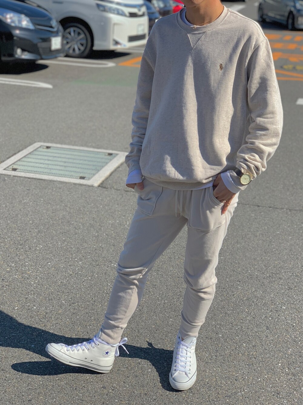 「休日スタイル、今日のコーデ、大人コーデ、ootd、UNIQLO、GU、スウェット、おしゃれさんと繋がりたい、いいね返し」｜「POLOのアイテム（スウェット、ホワイト系）」を使った、セントくん       さん（メンズ・170cm）の冬コーディネートの1枚目の写真
