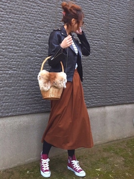 「TODAYFUL（トゥデイフル）のアイテム（ライダースジャケット）」を使った、MISATO さん（レディース・161cm）の冬コーディネート