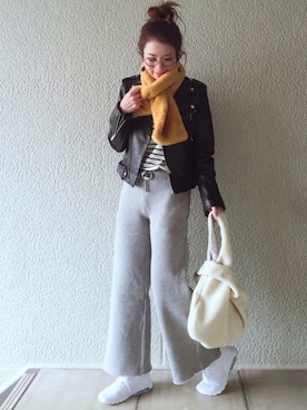 「TODAYFUL（トゥデイフル）のアイテム（ライダースジャケット）」を使った、MISATO さん（レディース・161cm）の冬コーディネート