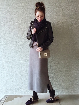 「TODAYFUL（トゥデイフル）のアイテム（ライダースジャケット）」を使った、MISATO さん（レディース・161cm）の冬コーディネート