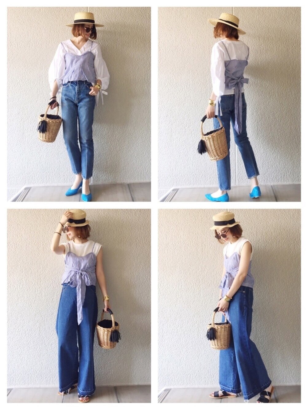 その他のシャツ/ブラウス、ブルー系のデニムパンツ、ブラック系のかごバッグを着用したレディースの夏コーディネートの1枚目の写真