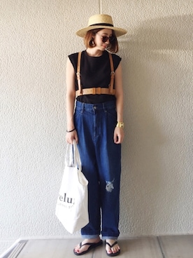 「ハーネスベルト」｜「アイテム（Tシャツ/カットソー）」を使った、MISATO さん（レディース・161cm）の夏コーディネート