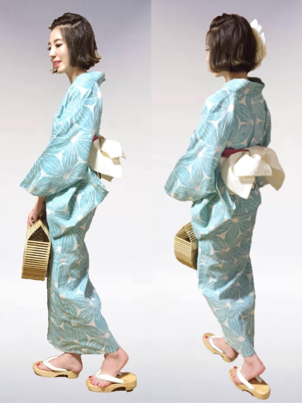 浴衣3点セット ミントグリーン レトロ麻の葉柄 （浴衣＋帯＋下駄