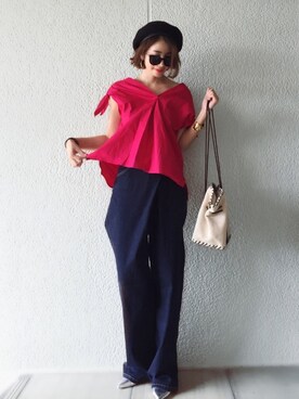 「スキッパーシャツ」｜「アイテム（ハンチング/ベレー帽）」を使った、MISATO さん（レディース・161cm）の夏コーディネート