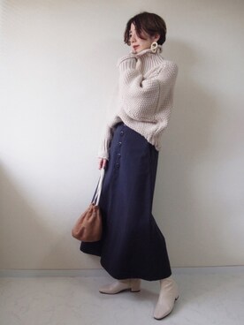 「UNE MANSION（ユヌマンション）のソックスショートブーツ（ブーツ）」を使った、MISATO さん（レディース・161cm）の冬コーディネート