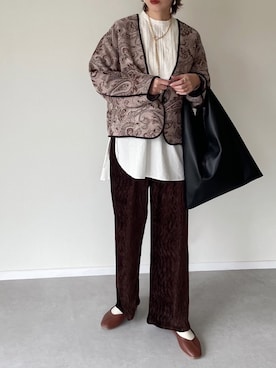 「KBF（ケイビーエフ）のアイテム（ノーカラージャケット）」を使った、MISATO さん（レディース・161cm）の冬コーディネート