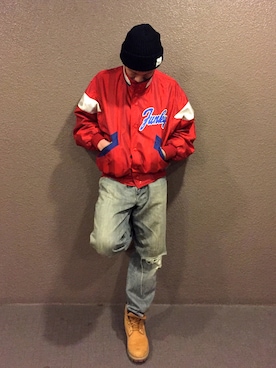 「リーバイス」｜「アイテム（スタジャン）」を使った、RENさん（メンズ・165cm）の冬コーディネート