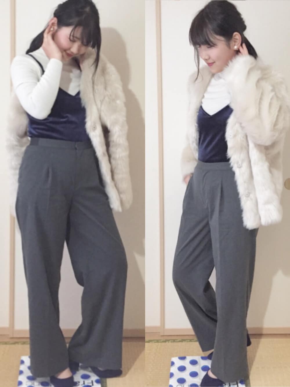 「冬コーデ、オトナガーリー、オトナ女子、ベロア、ootd、プチプラコーデ、ユニクロ、ファーコート、Kastane、グレー」｜「Latticeのアイテム（イヤリング、ホワイト系）」を使った、❤︎ ｍｉｙｕｕ❤︎さん（レディース・166cm）の冬コーディネートの1枚目の写真