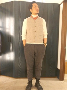 「45R（フォーティファイブアール）のアイテム（ベスト）」を使った、93さん（メンズ・183cm）の冬コーディネート
