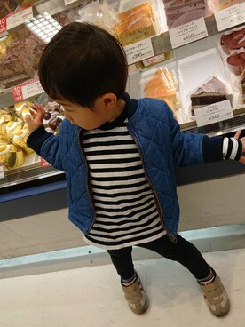 「petit main（プティマイン）のアイテム（デニムジャケット、ブルー系）」を使った、ゆいてぃ★さん（キッズ・80cm）の春コーディネート