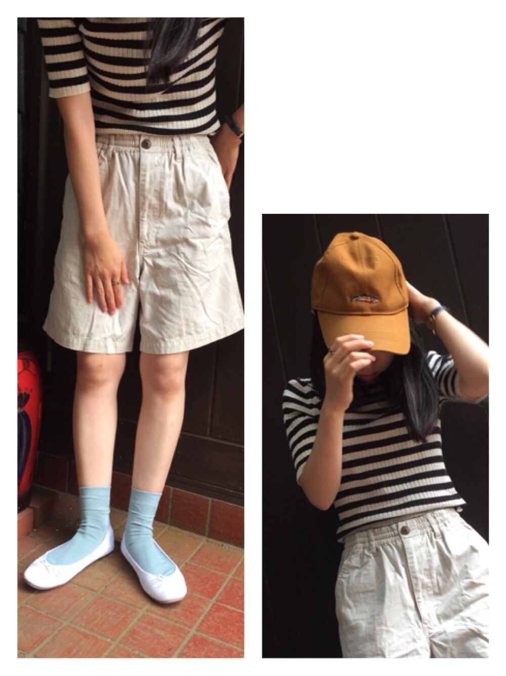 「148cm、150cm、145cm、ハーフパンツ、キャップ」｜「My Fav. CHILD WOMANの綿テレコ　ハイネック　5分袖プルオーバー（Tシャツ/カットソー、ホワイト系）」を使った、ツバメさん（レディース・148cm）の夏コーディネートの1枚目の写真