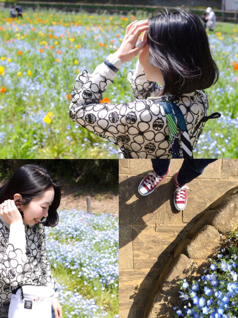 「デニム、スニーカー、花畑、148cm、150cm」｜「Palnart Pocのアイテム（ピアス（片耳用）、ブルー系）」を使った、ツバメさん（レディース・148cm）の春コーディネートの1枚目の写真