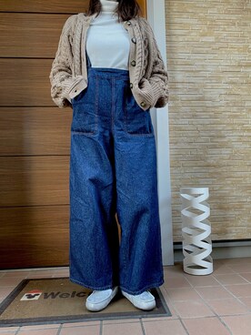 「ケーブルカーディガン」｜「アイテム（サロペット/オーバーオール）」を使った、katakaoさん（レディース・158cm）の冬コーディネート